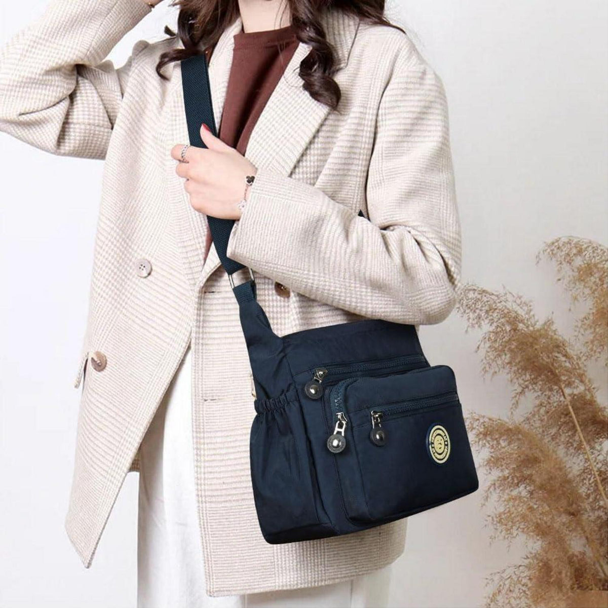 Damen Umhängetasche Nylon mit vielen Taschen, Dunkelblau