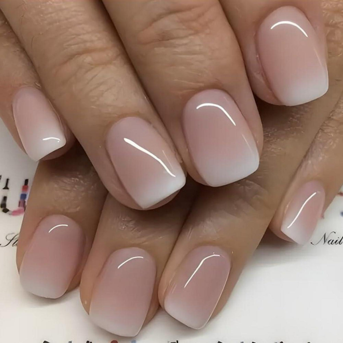 Press On Nägel French Tip Rosa Gradient Kurz Square