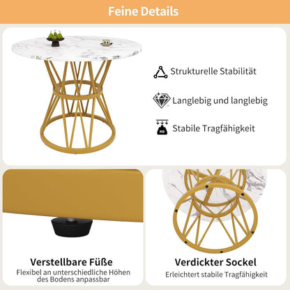 Runde Essgruppe mit 4 Samtstühlen – Weiß & Gold