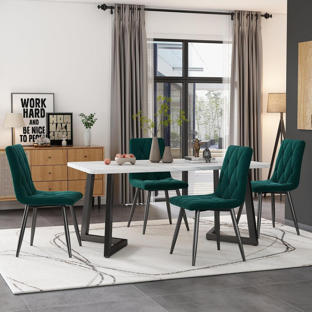 Essgruppe Esstisch mit 4 Samtstühlen Weiß & Grün