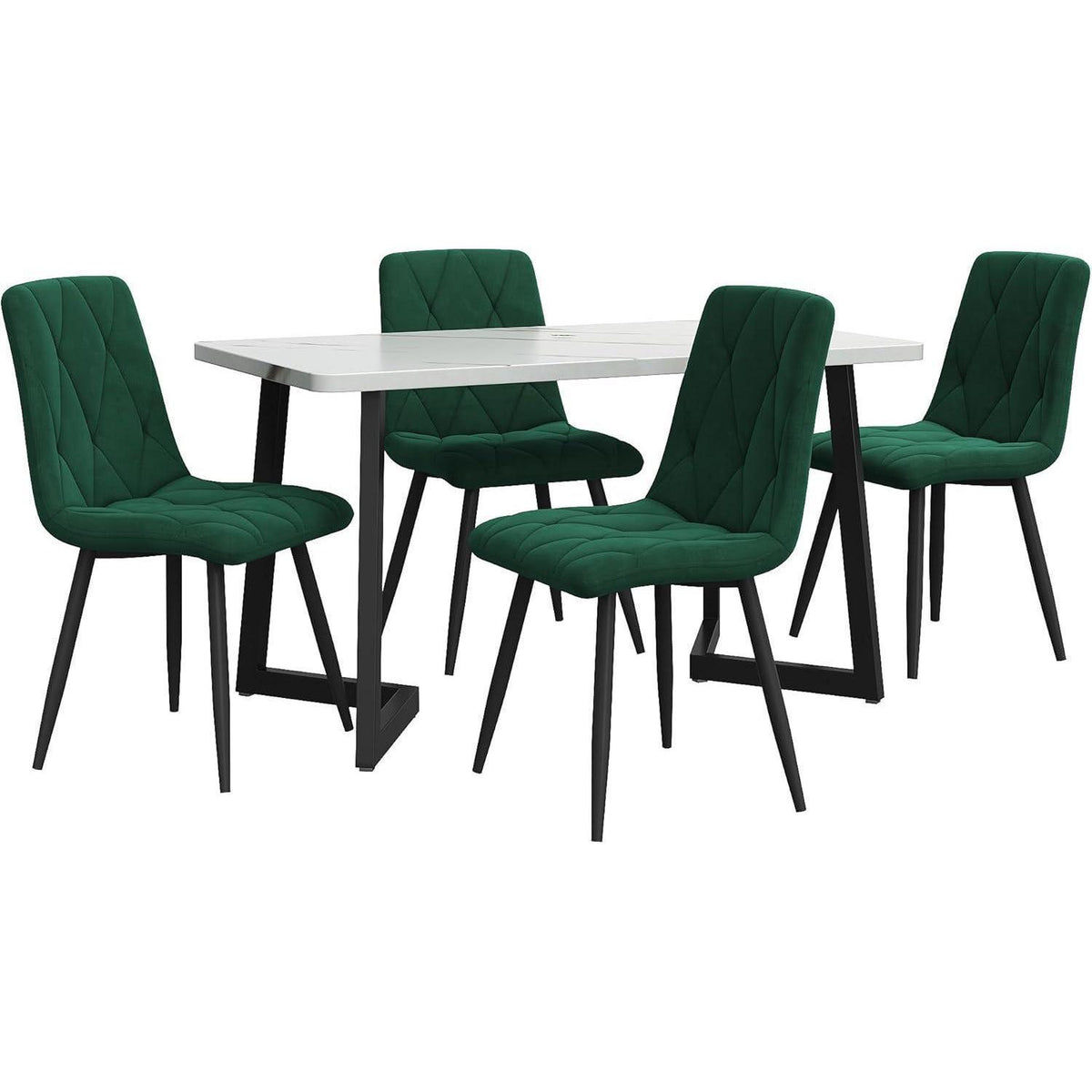 Essgruppe Esstisch mit 4 Samtstühlen Weiß & Grün