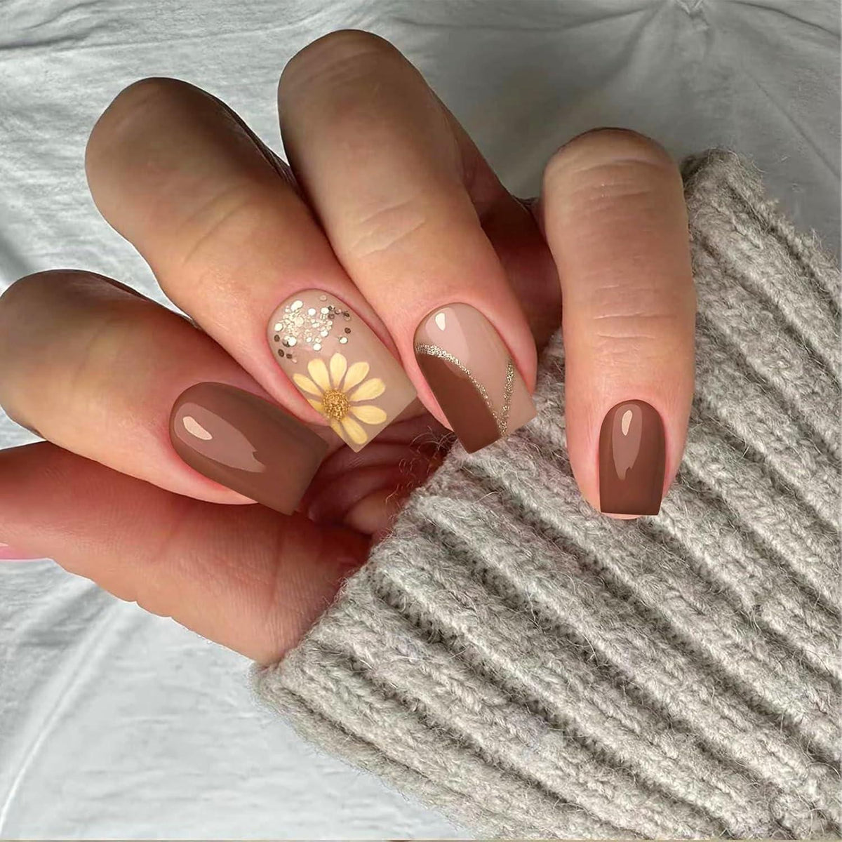 Press On Nails Herbstblumen – Braune Quadratische Nägel Zum Aufkleben