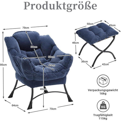 Ohrensessel mit Hocker | Navy Blau Cord Loungestuhl mit Ottoman