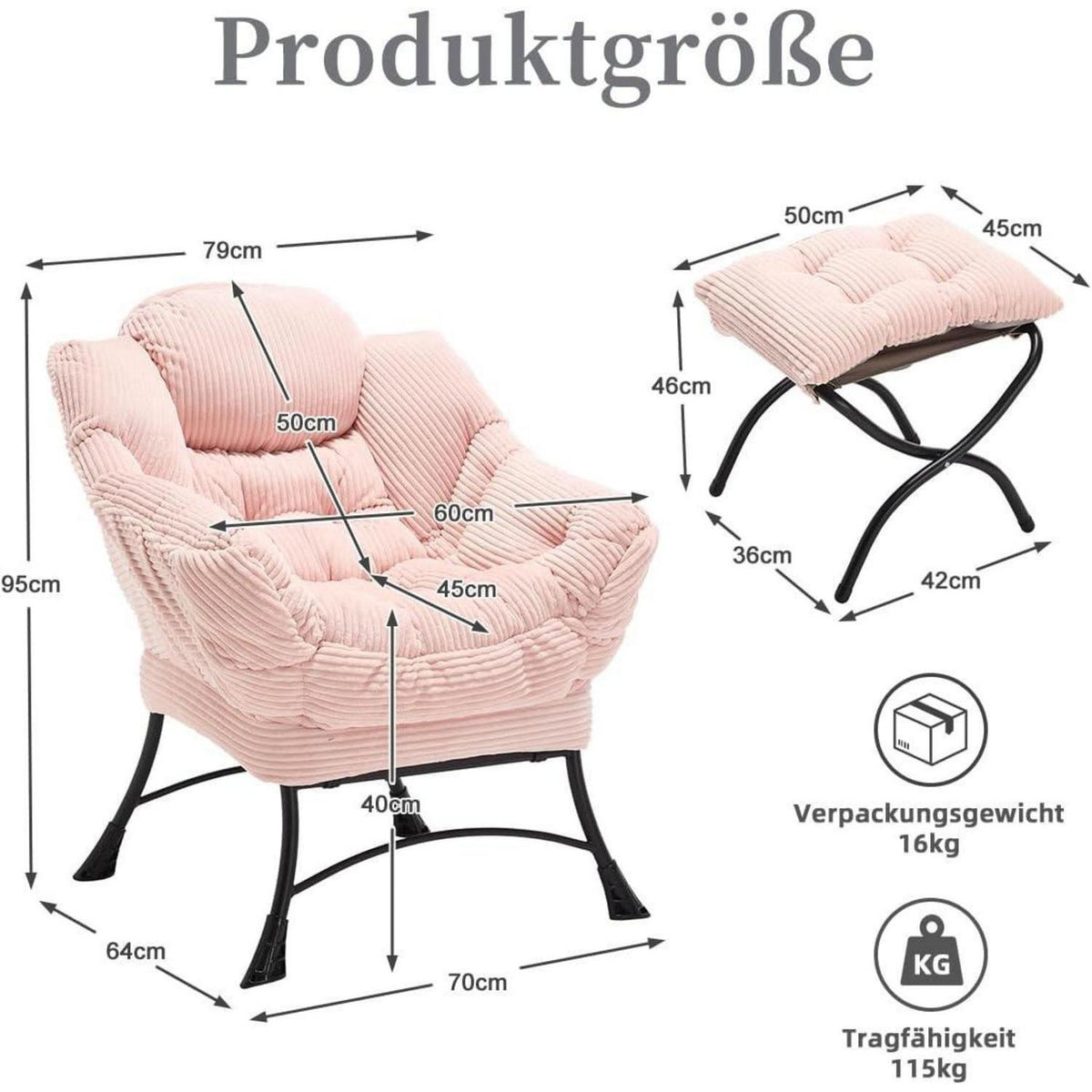 Ohrensessel mit Hocker – Cord Rosa, Bequemer Loungesessel