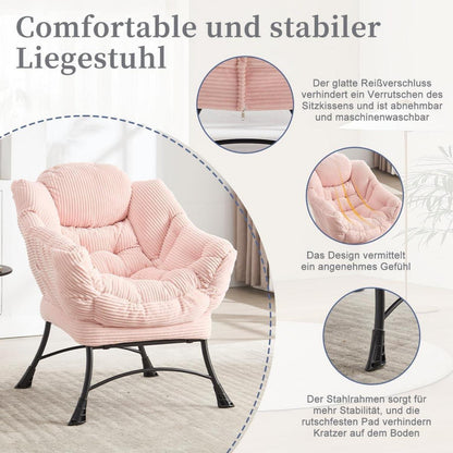 Ohrensessel mit Hocker – Cord Rosa, Bequemer Loungesessel