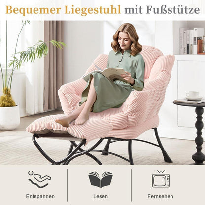 Ohrensessel mit Hocker – Cord Rosa, Bequemer Loungesessel