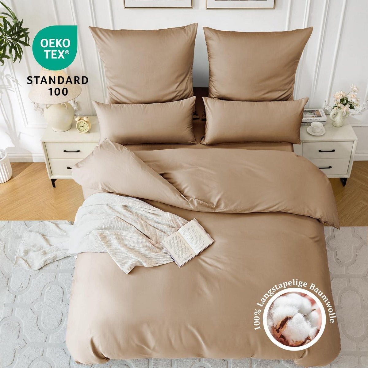 Satin Bettwäsche Set 220x240 Baumwolle Hellgoldbraun