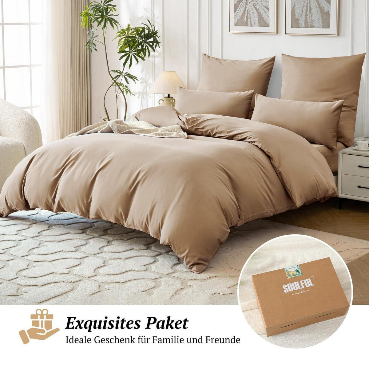 Satin Bettwäsche Set 220x240 Baumwolle Hellgoldbraun