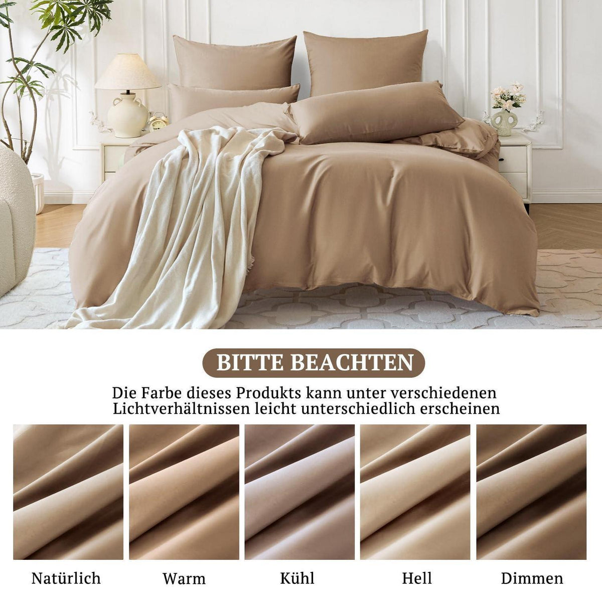 Satin Bettwäsche Set 220x240 Baumwolle Hellgoldbraun
