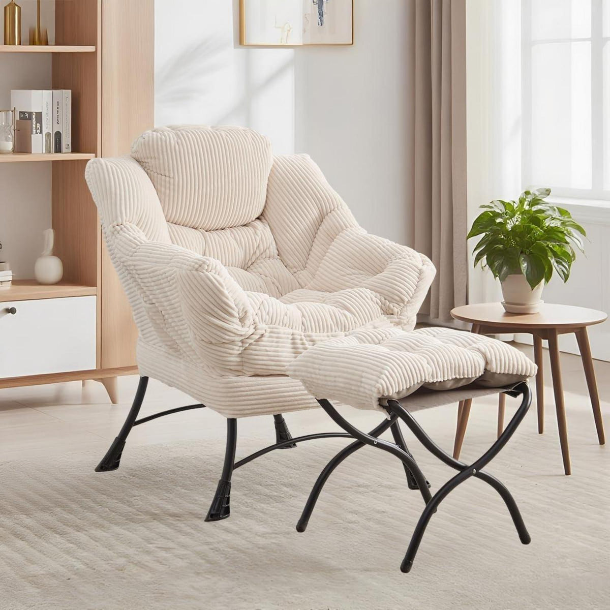 Moderner Ohrensessel mit Hocker | Cord Weiß | Bequemer Loungesessel