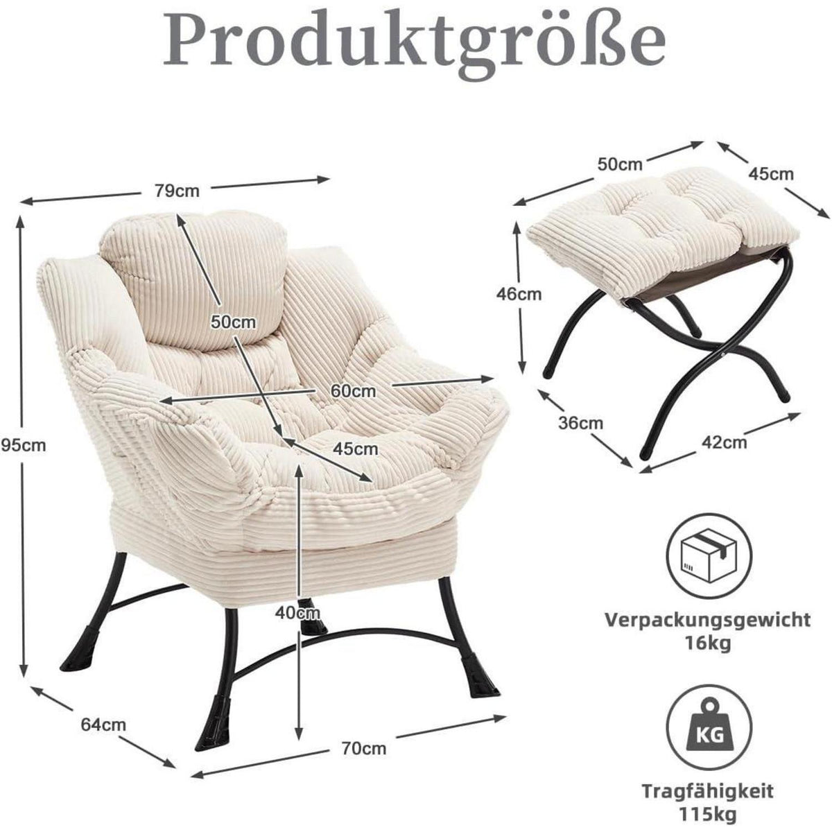Moderner Ohrensessel mit Hocker | Cord Weiß | Bequemer Loungesessel