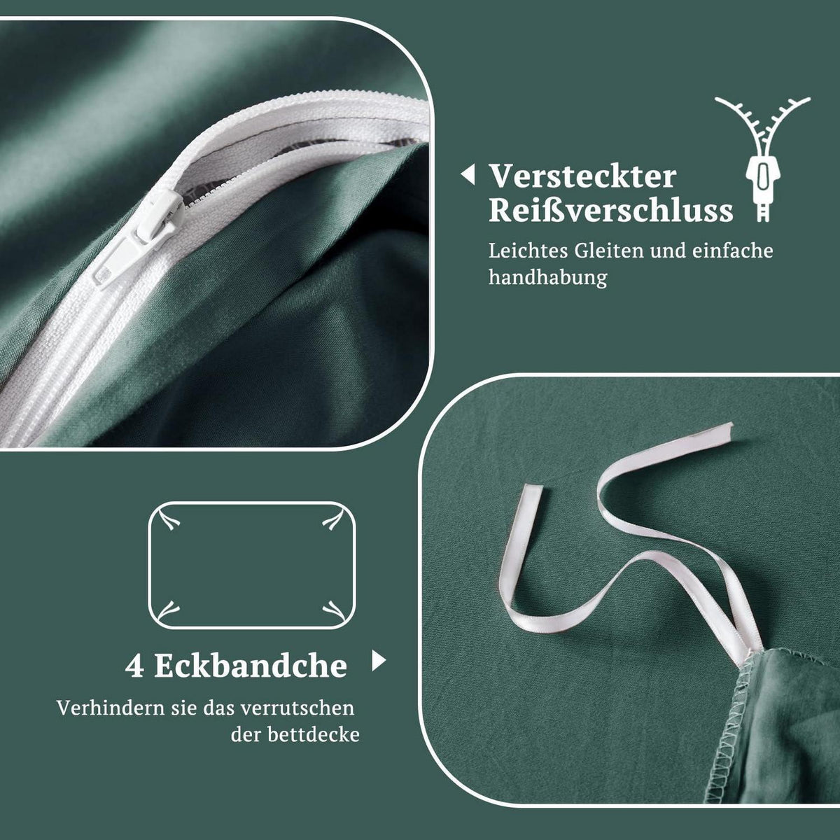 Satin Bettwäsche Set 135x200 Dunkelgrün 4tlg. Baumwolle