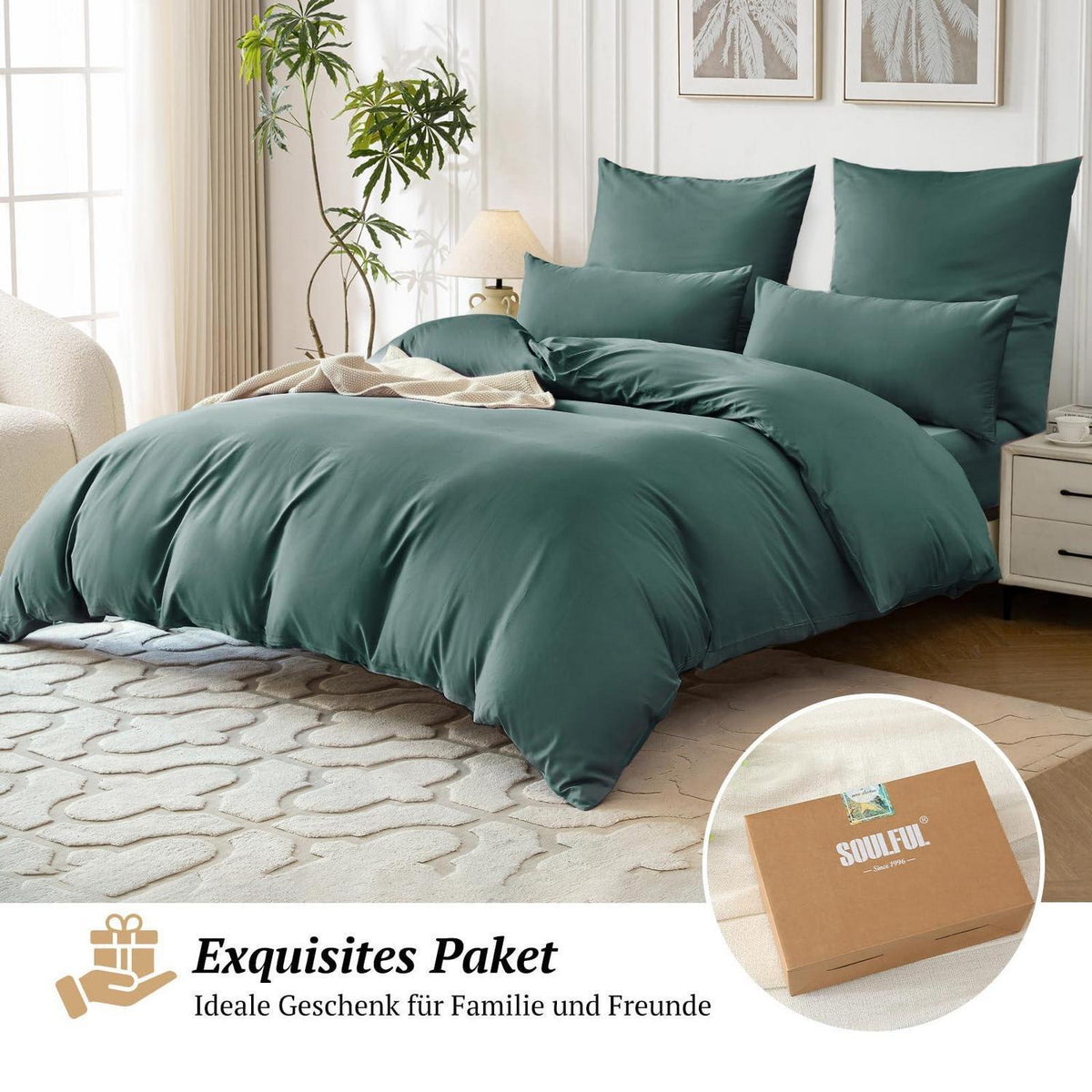 Satin Bettwäsche Set 135x200 Dunkelgrün 4tlg. Baumwolle
