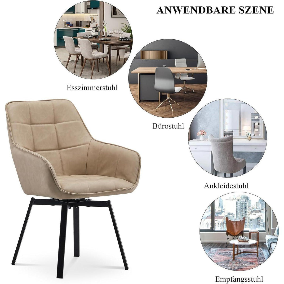 Drehbarer Esszimmerstuhl Set 4er – Beige in Lederoptik