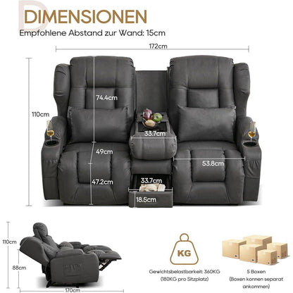 2er Relaxsessel mit Liegefunktion & Konsole – Grau