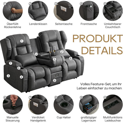 2er Relaxsessel mit Liegefunktion & Konsole – Grau