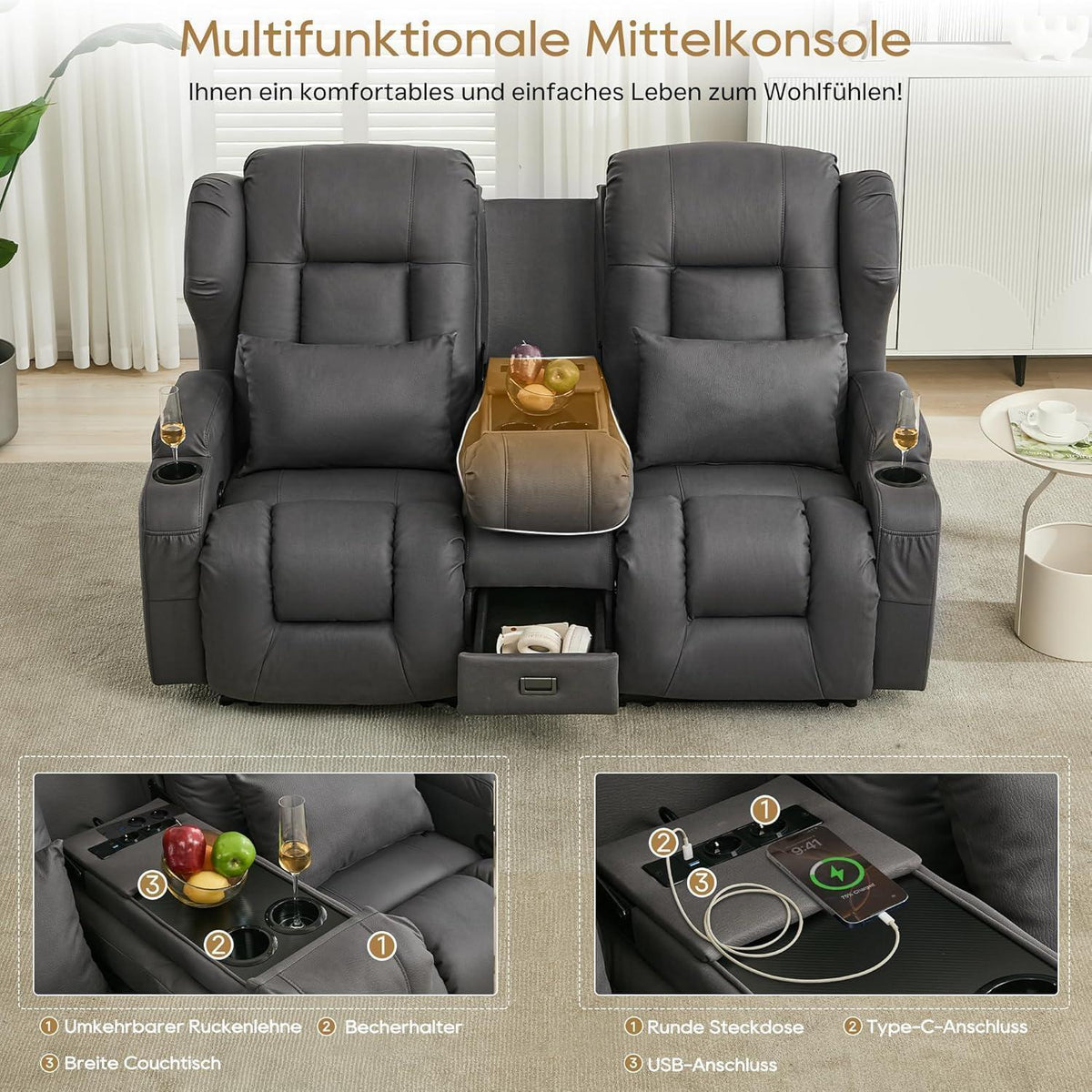 2er Relaxsessel mit Liegefunktion & Konsole – Grau