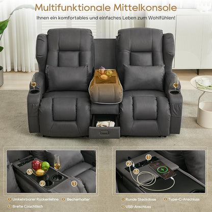 2er Relaxsessel mit Liegefunktion & Konsole – Grau
