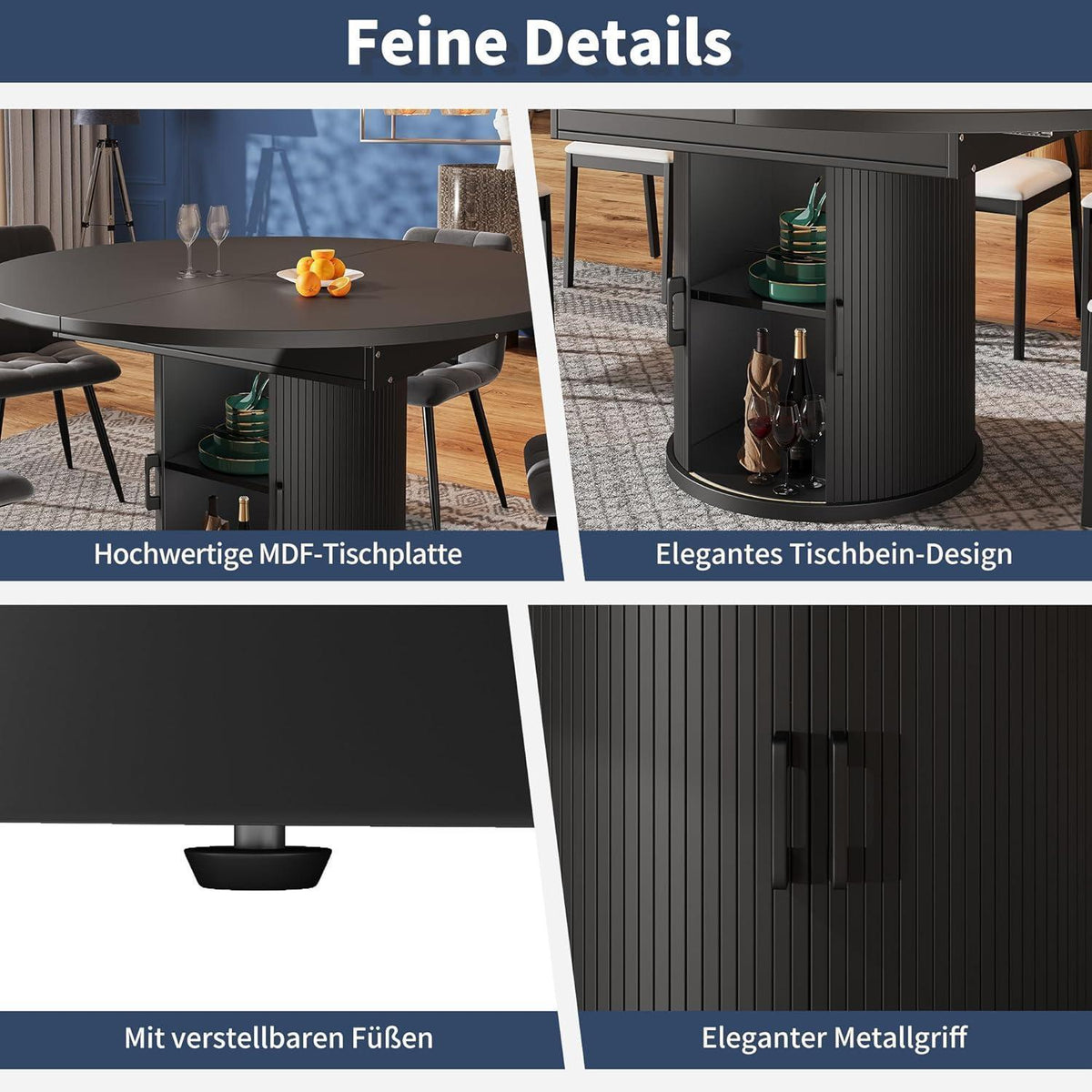 Ausziehbarer Esstisch Oval Schwarz mit Stauraum & Verstellfüßen