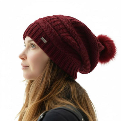 Damen Wintermütze aus 100% Wolle mit Kunstfell-Bommel und Satin-Futter