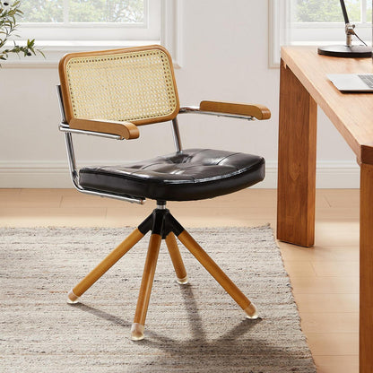 Schwarzer Rattan Schreibstuhl – Mid Century Drehstuhl