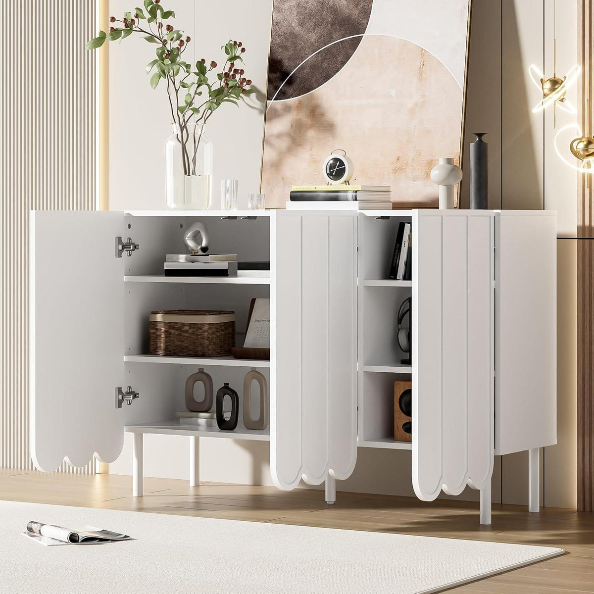 Weißes Sideboard mit Wellentüren & Rebound-Mechanismus (120x35x80)