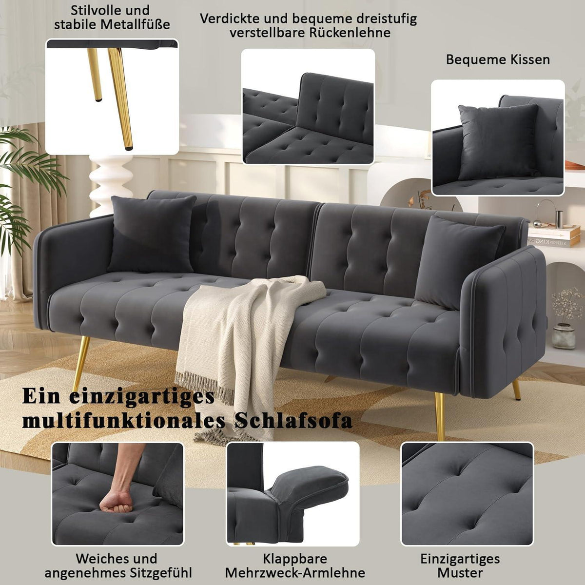 2-Sitzer Schlafsofa mit verstellbarer Rückenlehne (Grau)