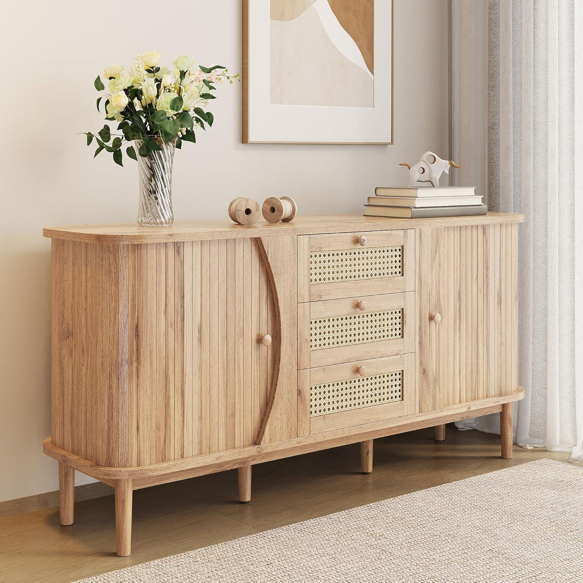 Schmale Kommode mit Rattan Schubladen & Türen – Multifunktions Sideboard