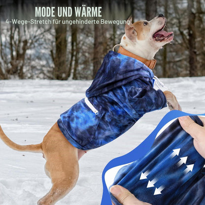 Warmer Hunde Hoodie Flanell mit Leinenloch & Tasche, Orange-Blau Medium