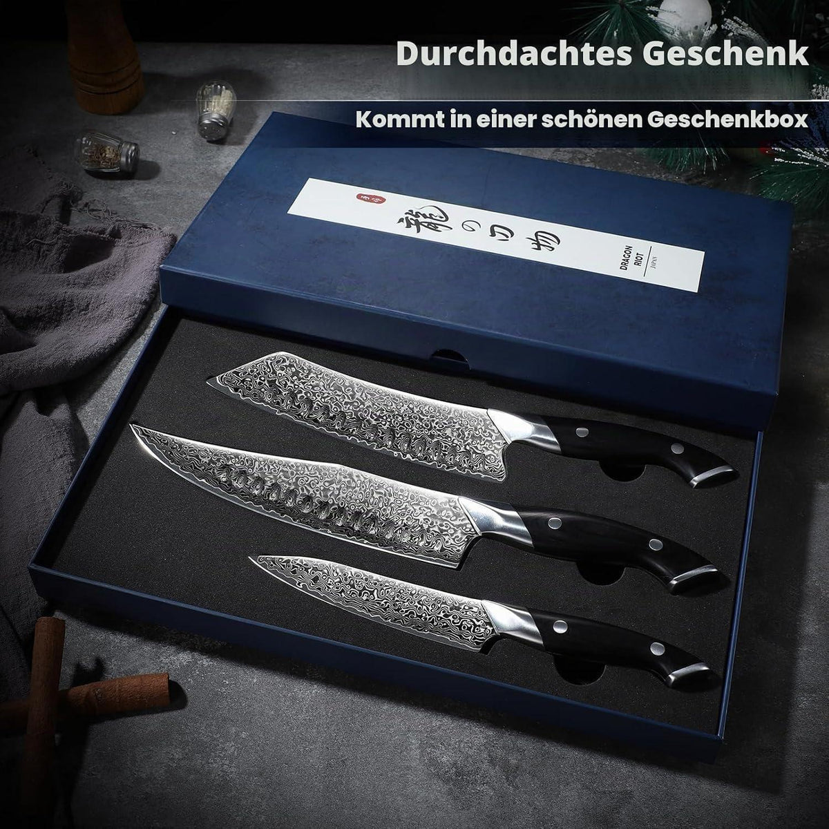 3-teiliges Damastmesser-Set | Japanische Küchenmesser für Profi & Hobby