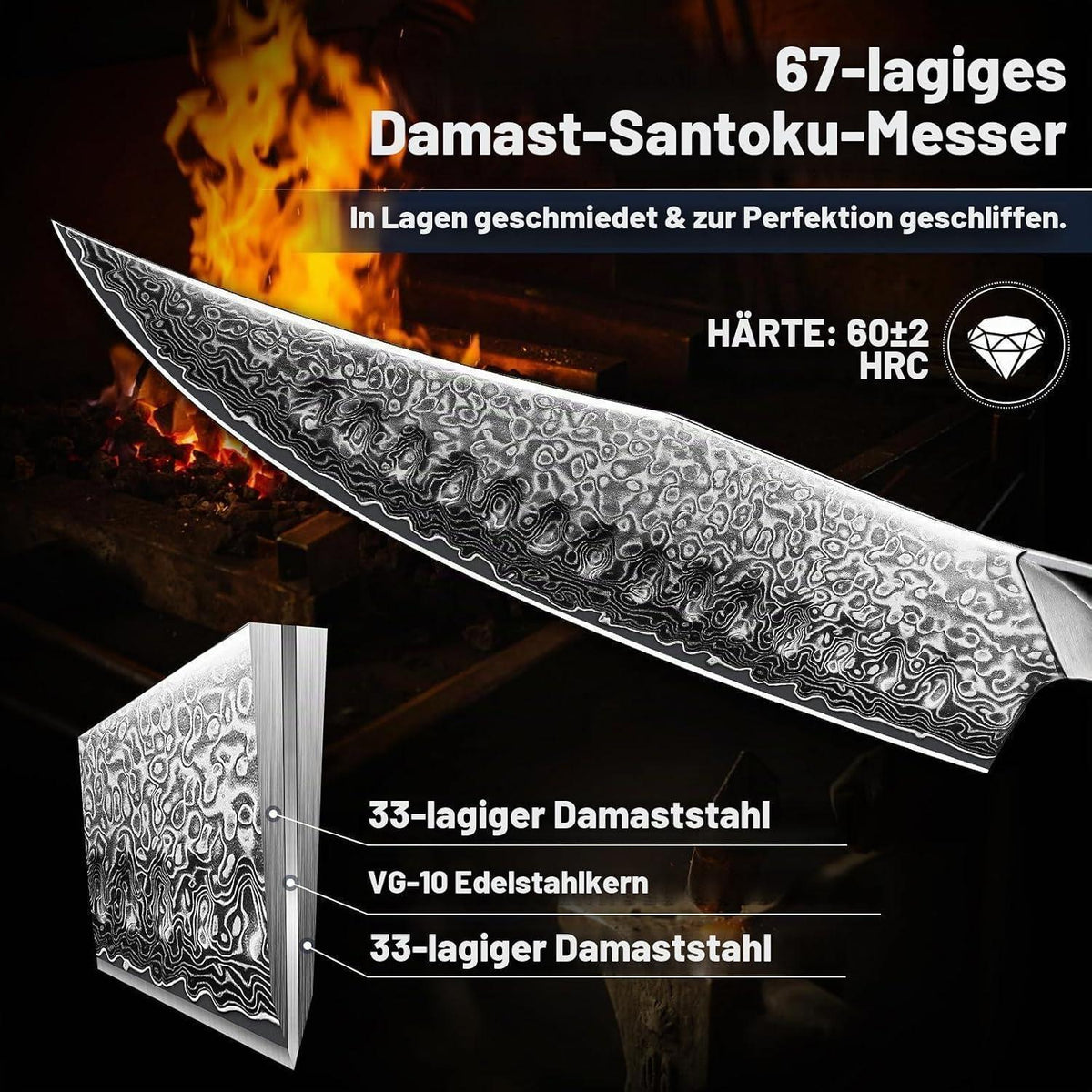 3-teiliges Damastmesser-Set | Japanische Küchenmesser für Profi & Hobby
