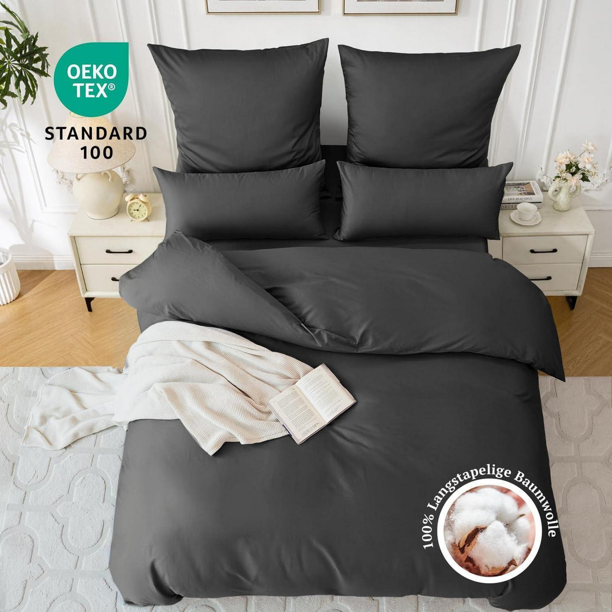 Satin Bettwäsche Set 220x240 Anthrazit – 3-teilig, Kühlend