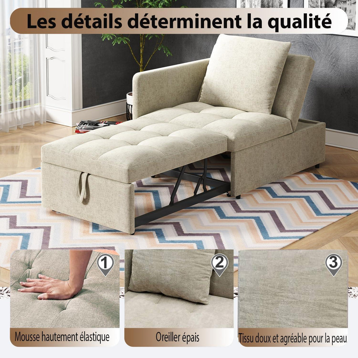 3-in-1 Schlafsofa mit verstellbarer Lehne – Beige