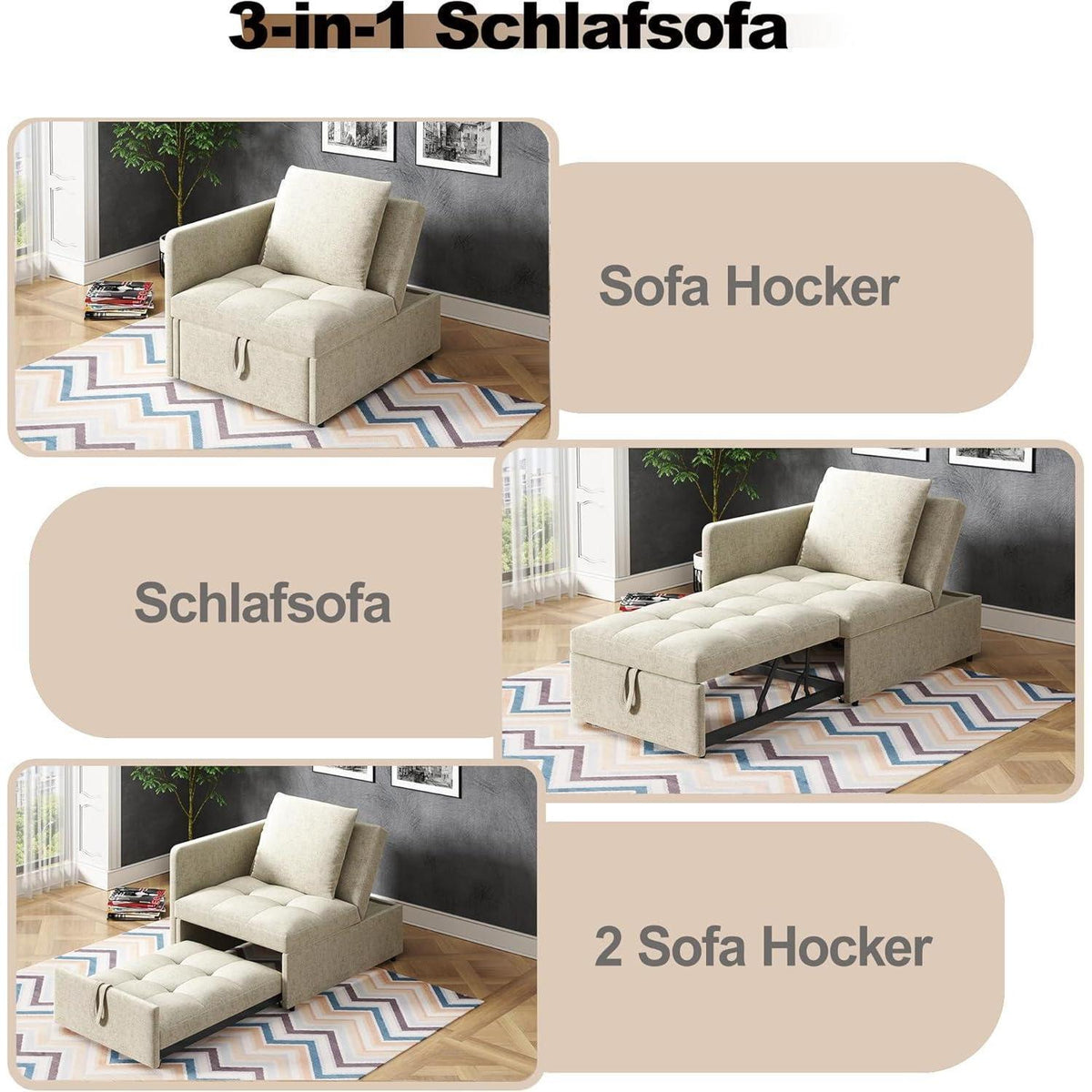 3-in-1 Schlafsofa mit verstellbarer Lehne – Beige