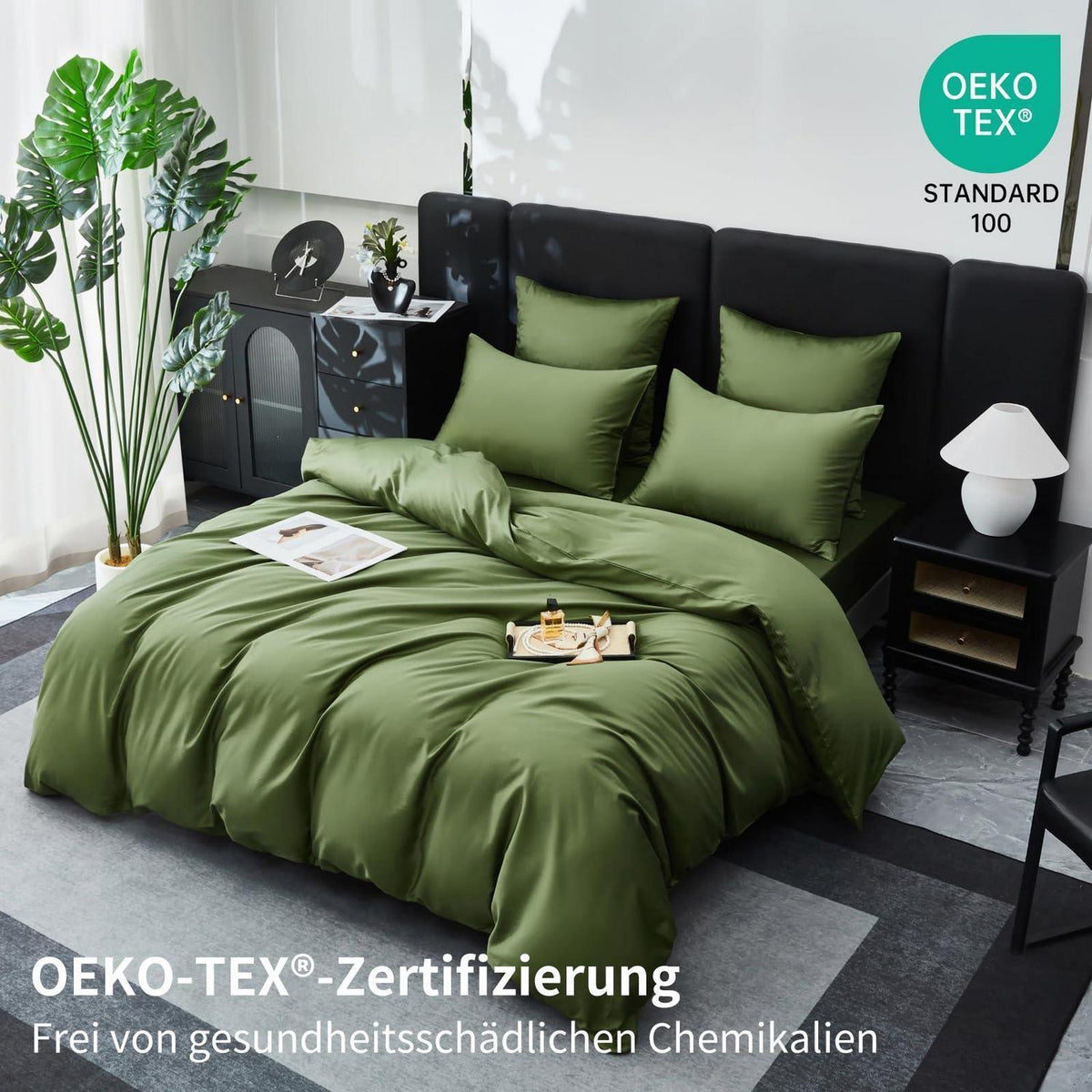 Mako Satin Bettwäsche Olivgrün 220x240 | 3-teilig & Kühlend