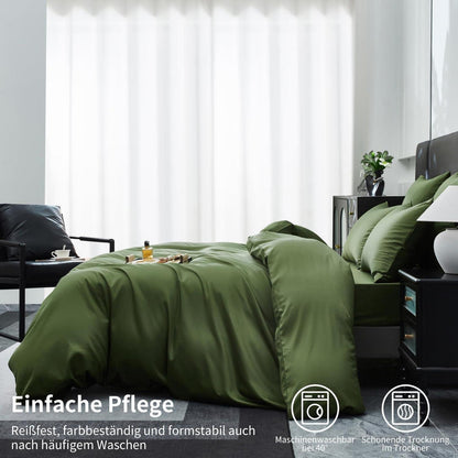 Mako Satin Bettwäsche Olivgrün 220x240 | 3-teilig & Kühlend