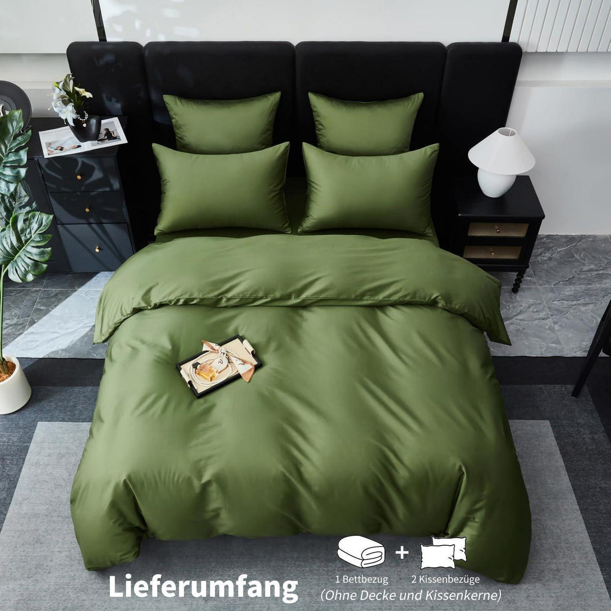Mako Satin Bettwäsche Olivgrün 220x240 | 3-teilig & Kühlend