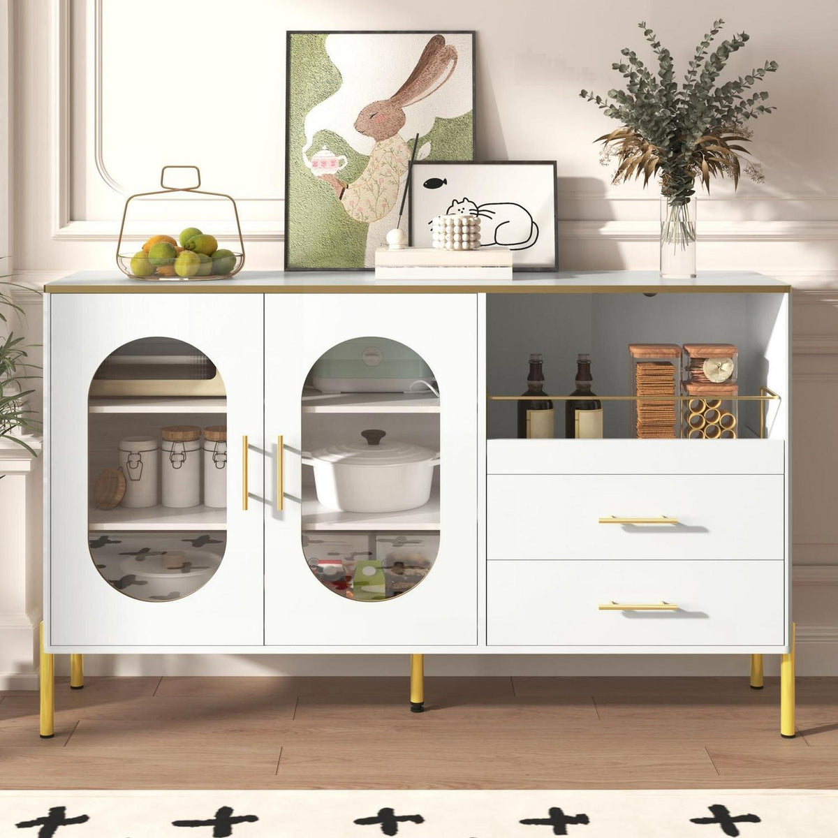 Modernes Sideboard Weiß & Gold mit 2 Schubladen & Glastüren