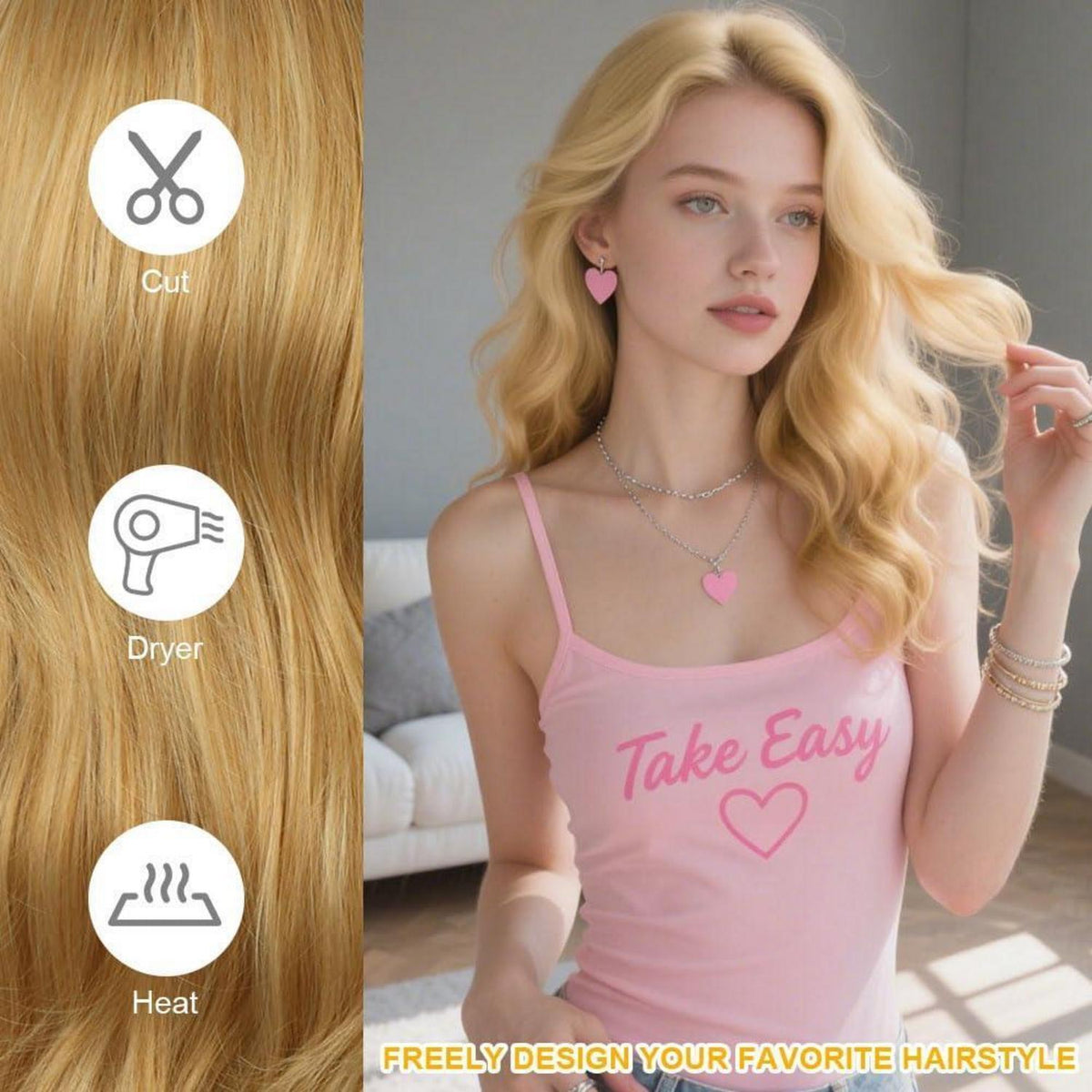 Lange Lockige Damen Perücke - Hellblond, 66cm, Hitzebeständig