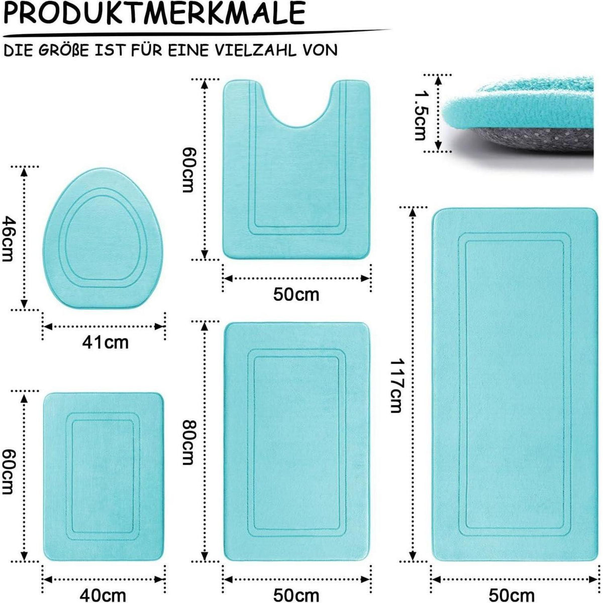 5-teiliges Badezimmerteppich-Set Blaugrün, weich & rutschfest