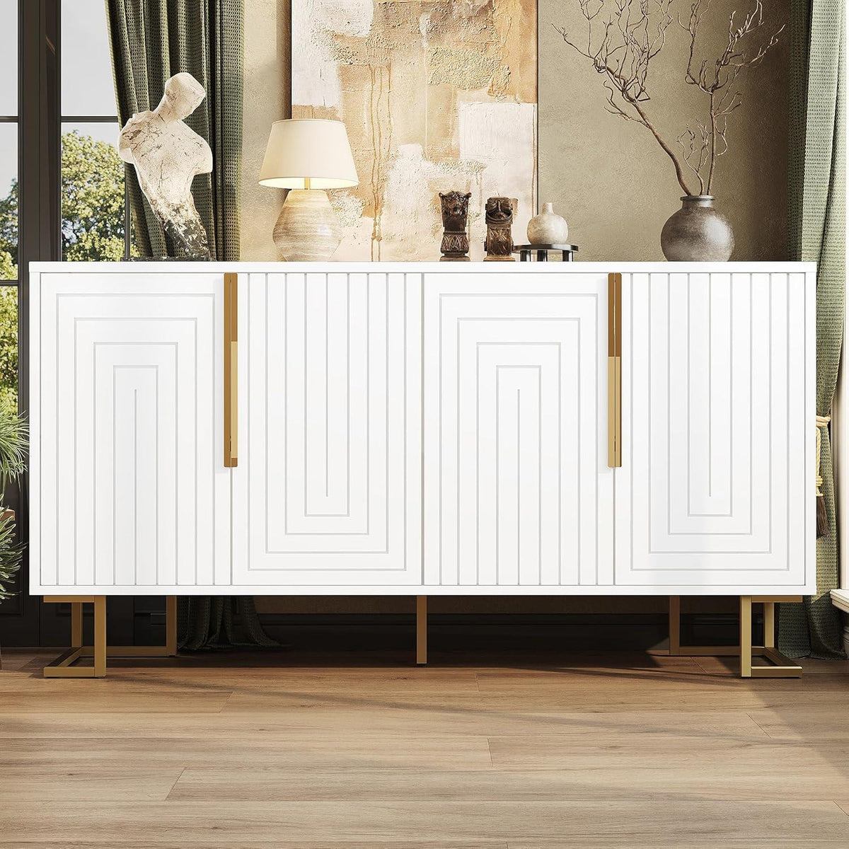Geometrischer Schrank mit 2 Türen – Weiß, 152x40x75cm