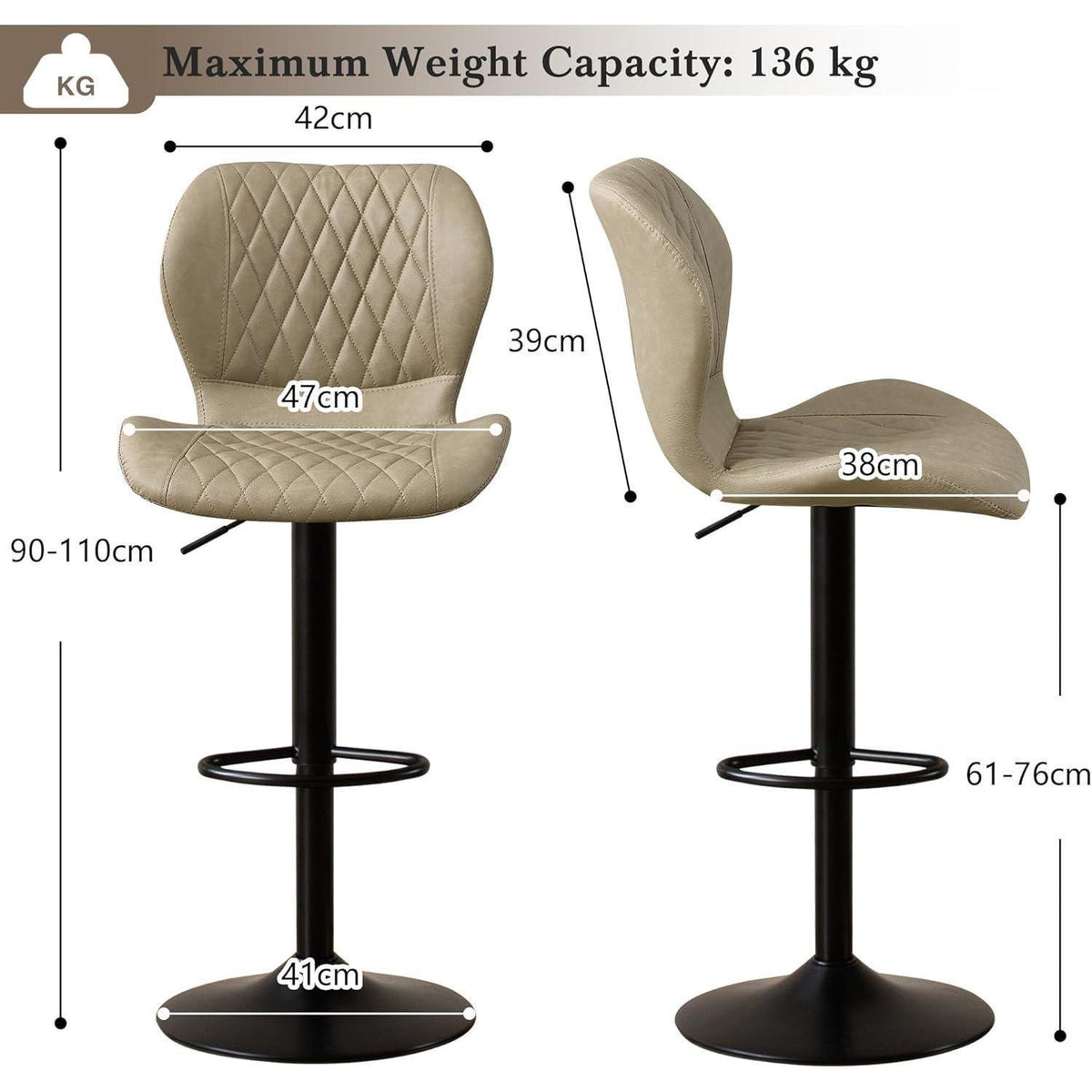 Barhocker mit Lehne, Höhenverstellbar, Khaki, 4er-Set