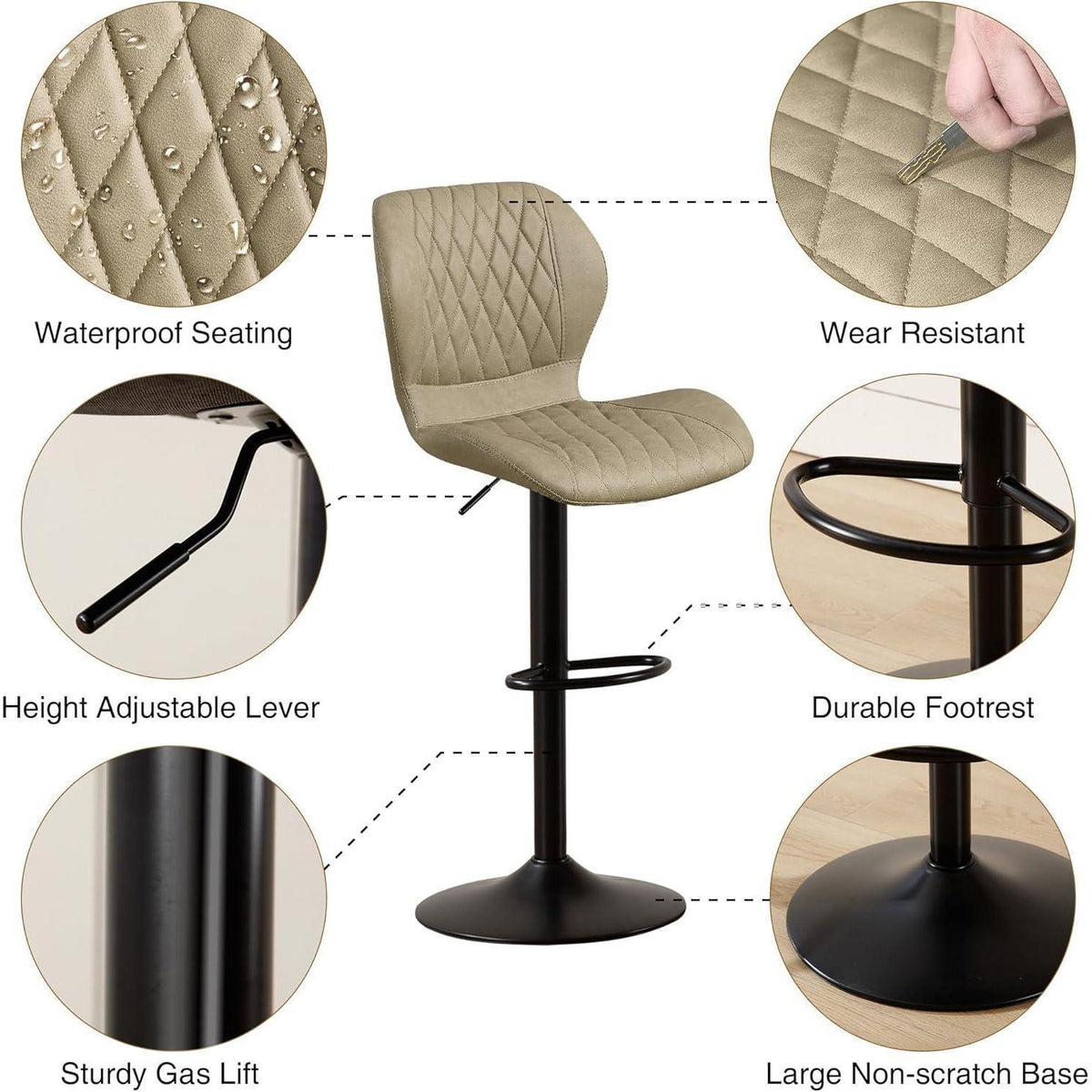 Barhocker mit Lehne, Höhenverstellbar, Khaki, 4er-Set