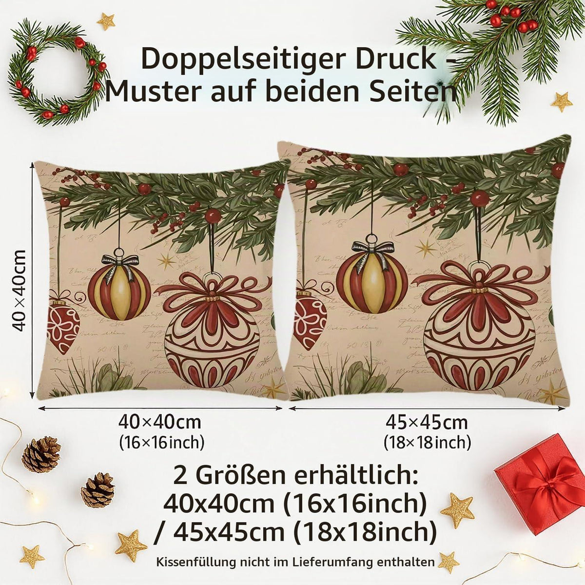 2er Set Winter Weihnachten Kissenbezüge 40x40 cm - Grüne Pflanzen Deko