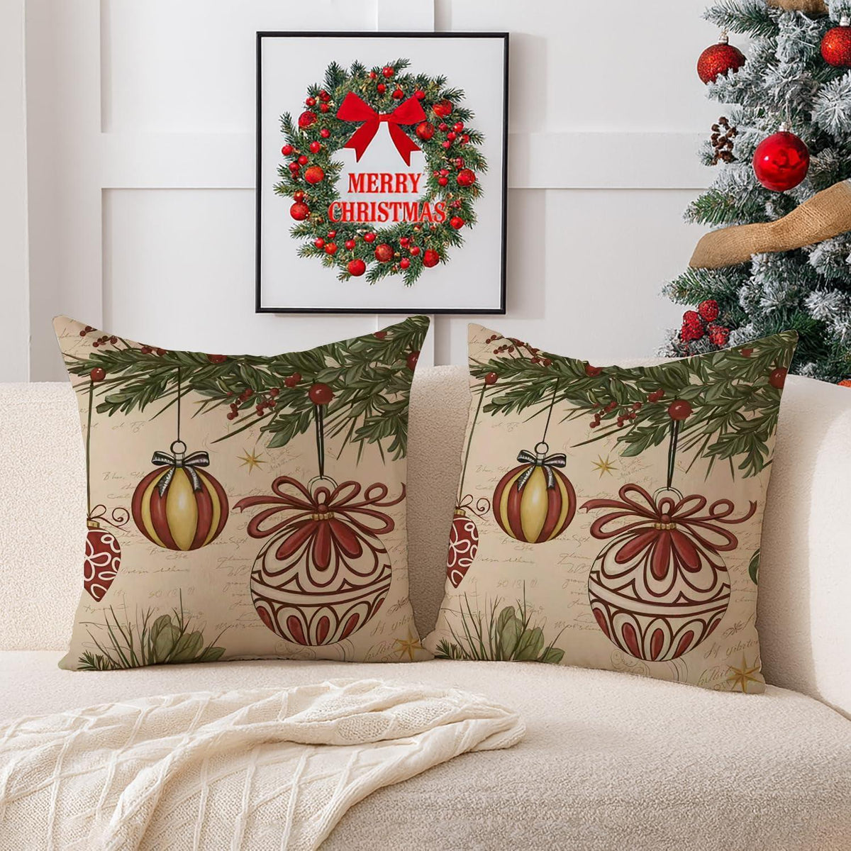 2er Set Winter Weihnachten Kissenbezüge 40x40 cm - Grüne Pflanzen Deko