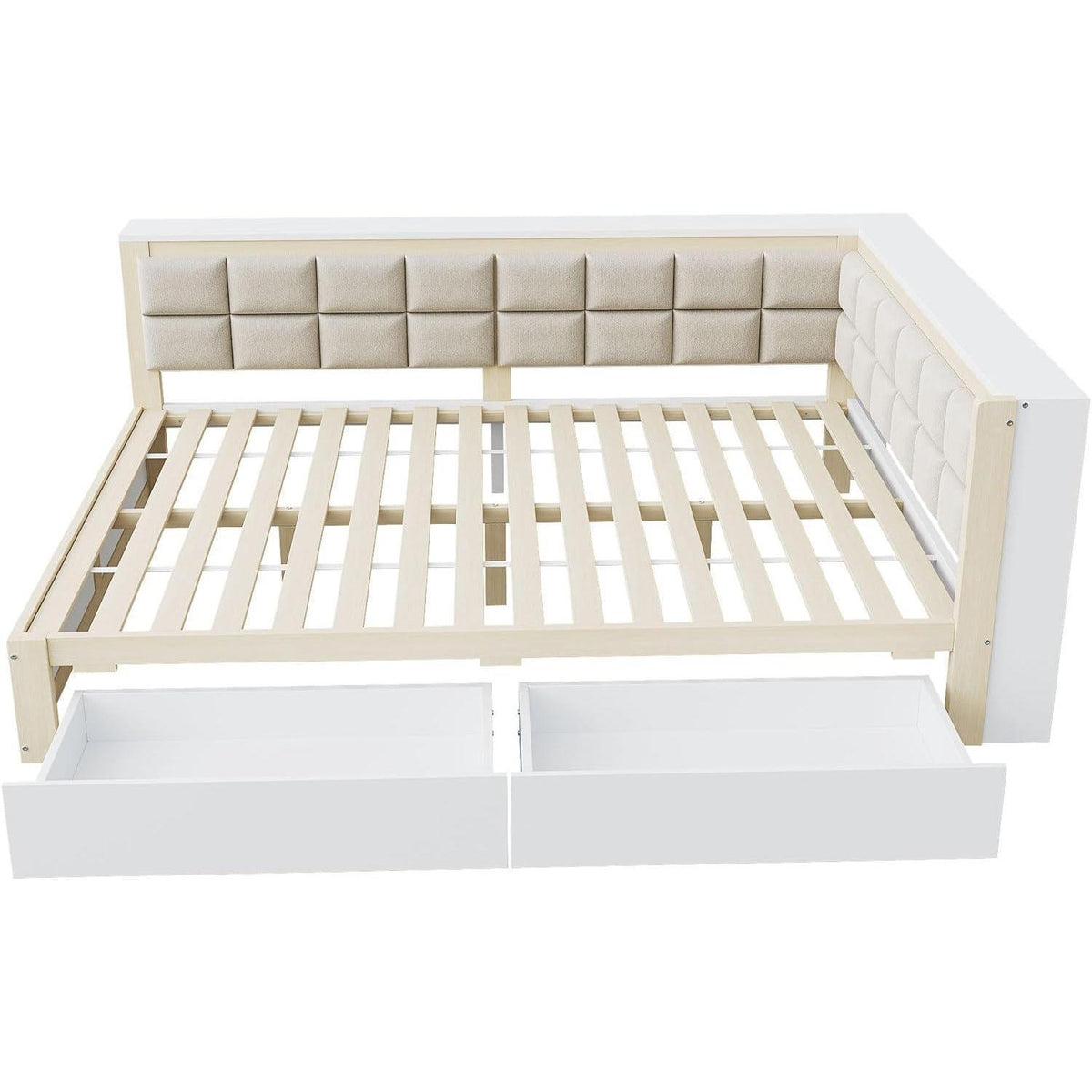 Holzbett 140x200 mit Stauraum & weicher Rückenlehne