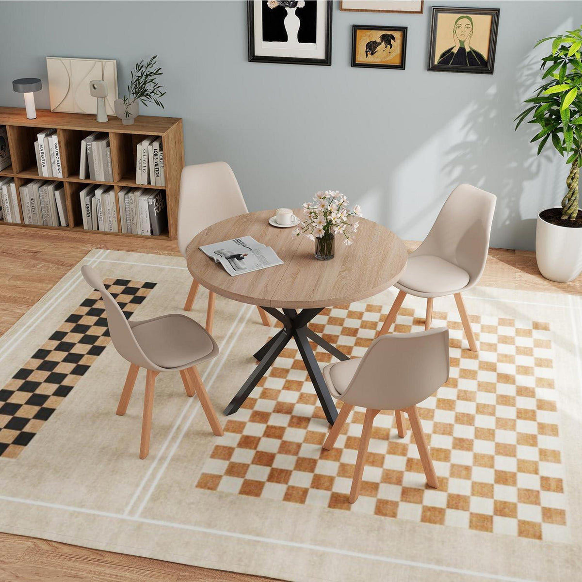 Runder Esstisch Set Holz 100x100cm mit 4 Stühlen Khaki