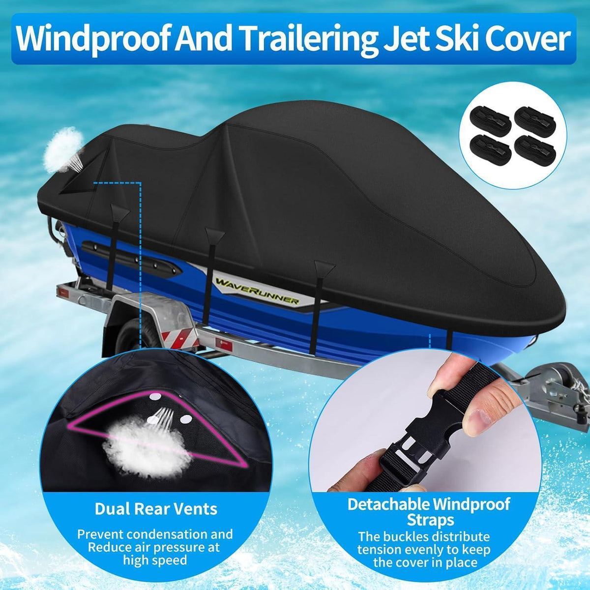 Jet Ski Abdeckplane 900D, Wasserdicht, Schwarz 3XL