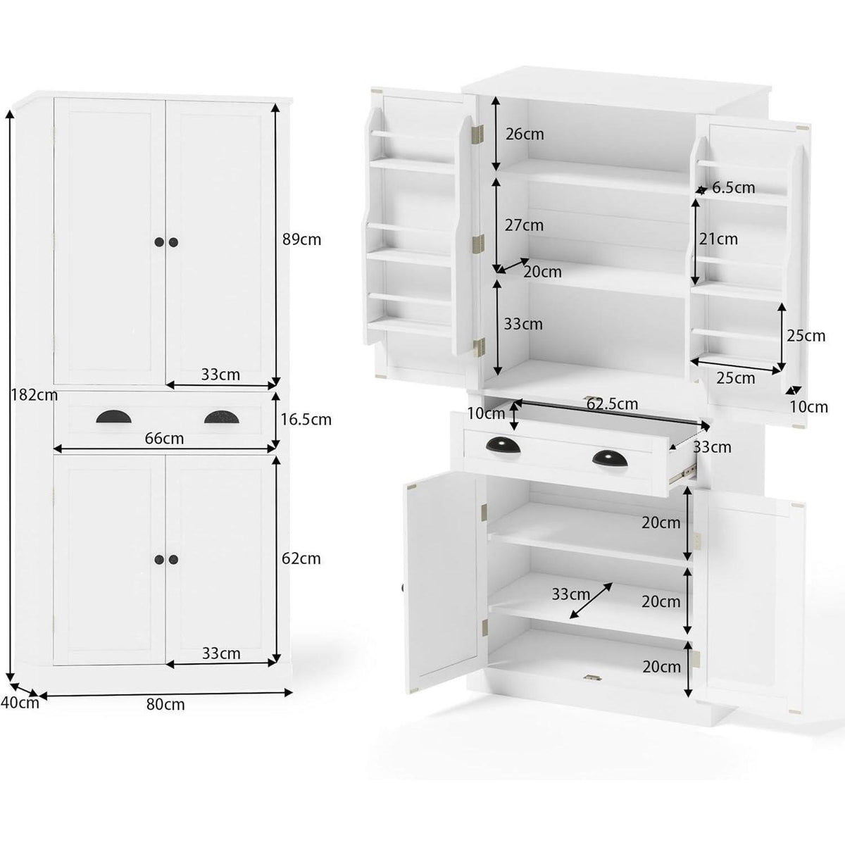 Küchenschrank Weiß 80x40x182cm | Hochschrank mit Schublade & Ablagen