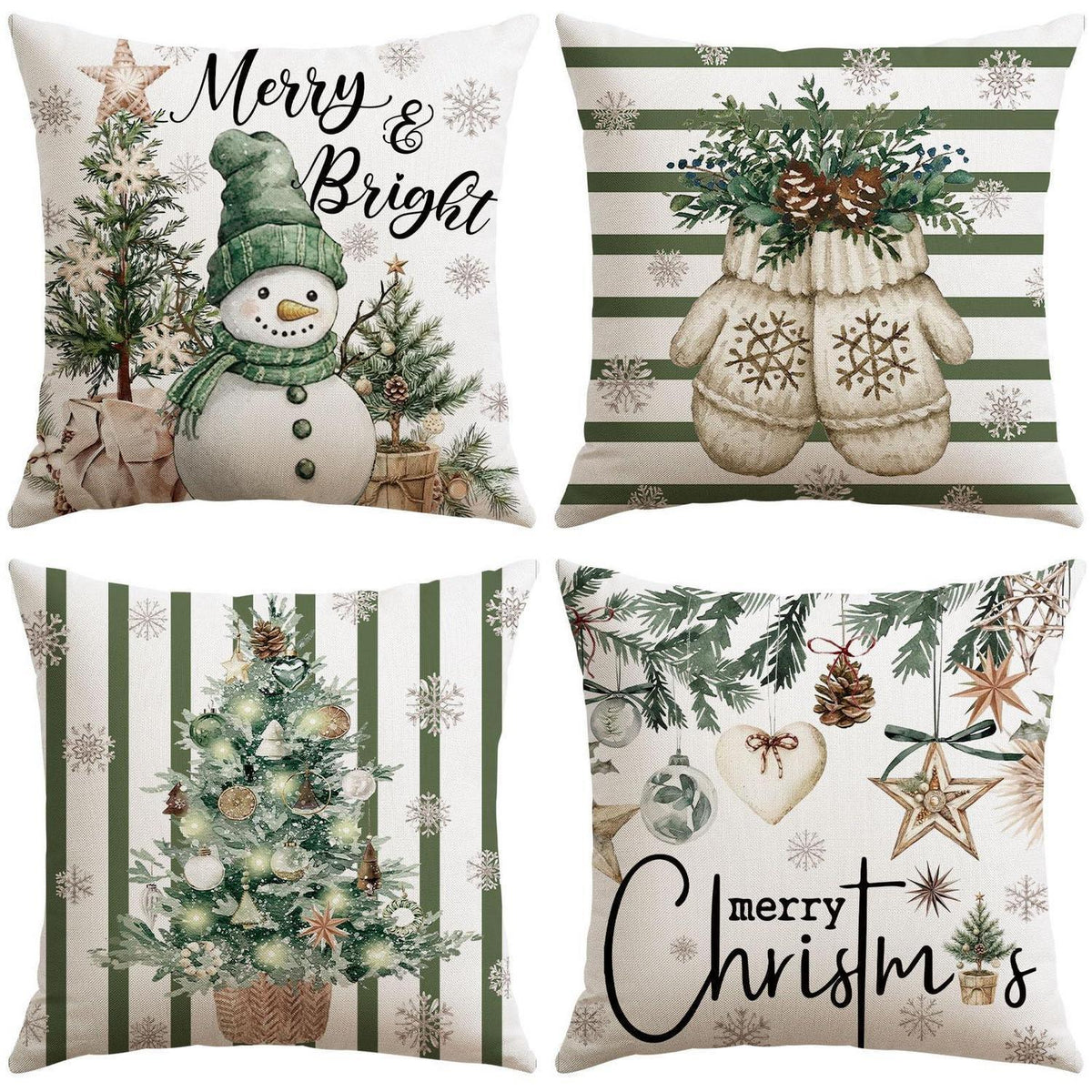 Weihnachtliche Kissenbezüge 4er Set, 45x45 cm, Schneemann Grün